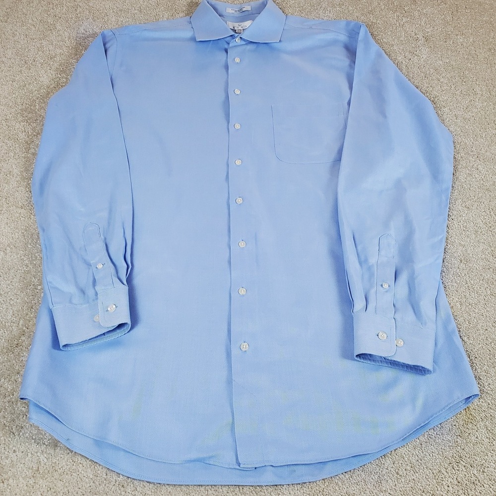 ENRO Men's Shirt 17.5 37-38 TALL Button Up Blue White Long Sleeve Non-Iron